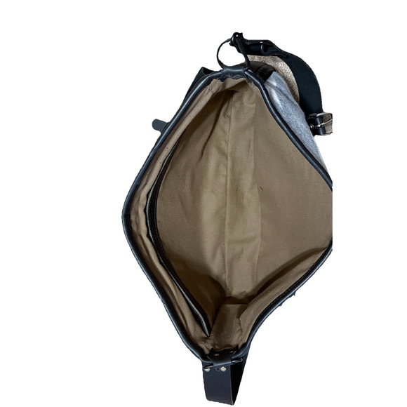 Mens Large Leather & Wool Messenger Bag Crossbody Briefcase Travel Gray Black - Picture 5 of 8